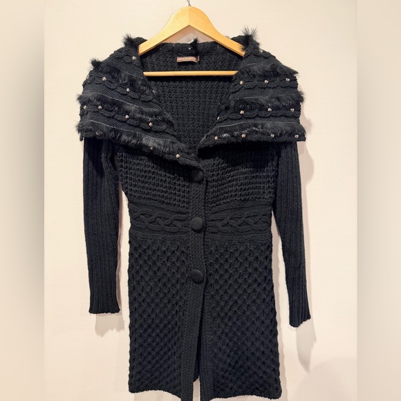 John Fashion Sweaters - John Fashion Black Mixed Knit Longline Cardigan Faux Fur Collar & Studs - M